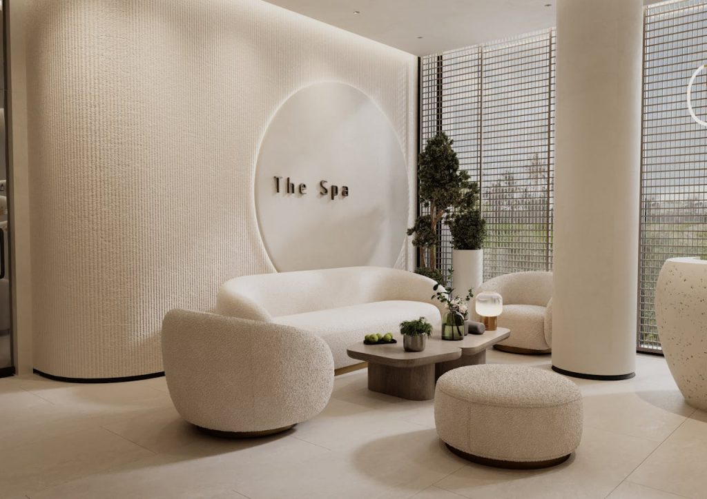 Elegant modern spa interior featuring minimalist design with cozy furniture.